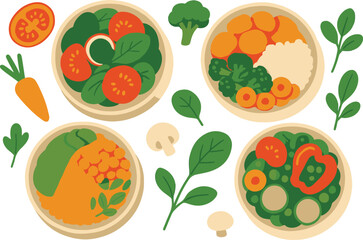 Healthy Vegetable Bowls with Fresh Salad Ingredients – Flat Food Illustration for Vegan and Plant Based Diet