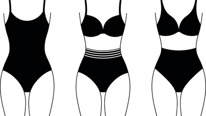 Illustration of Three Different Black Swimsuit Styles on Bodysuit Forms
