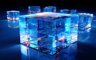 Shiny blue transparent cubes with modern geometric design