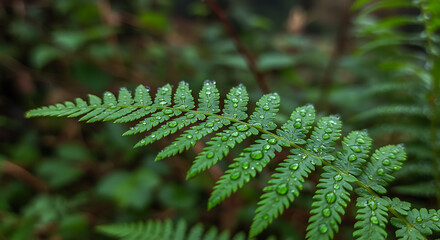 Close-up view of a vibrant green fern frond adorned with glistening water droplets, evoking a sense of lushness and the tranquility of nature