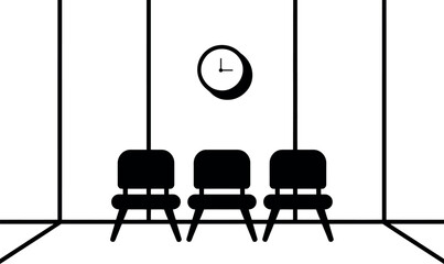 Minimalist Waiting Room Illustration with Clock and Three Chairs Vector