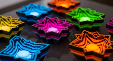 Abstract colorful 3D printed geometric objects illuminated with vibrant LED lights, arranged on a dark reflective surface.