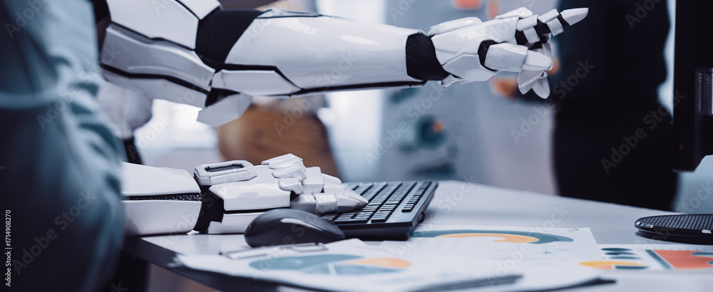Poster a robotic arm extends towards a digital display, highlighting cutting-edge technology in a modern of