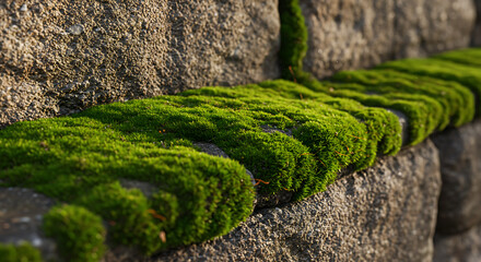 Vibrant green moss growing in the cracks of a weathered stone wall