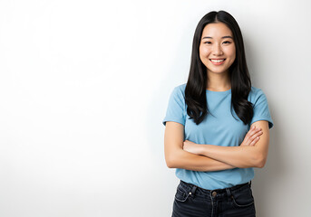 Smiling confidently, a young Asian woman with crossed arms radiates warmth and approachability. Her cheerful demeanor against white background embodies optimism and self-assurance