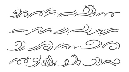 Set of wind and air motion doodles. Swirling, wavy, curling air lines in cartoon doodle style. Different wind, breeze, gust elements. Use for weather, decor, or design projects. Vector illustration.