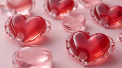 Fototapeta premium Crystal hearts on pink background for Valentine's Day Celebration