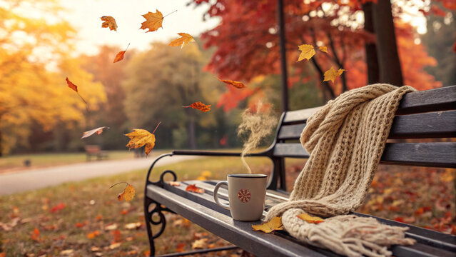 A bench with a scarf and a mug in an autumn park with falling leaves and trees in the background - Powered by Adobe