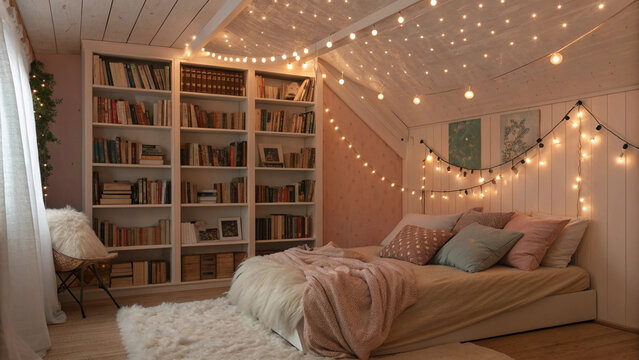 Cozy bedroom with bookshelves and string lights creating a warm and inviting atmosphere for relaxation - Powered by Adobe