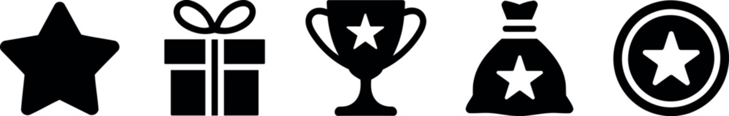 Star shaped gift box trophy sack and prize coin icons