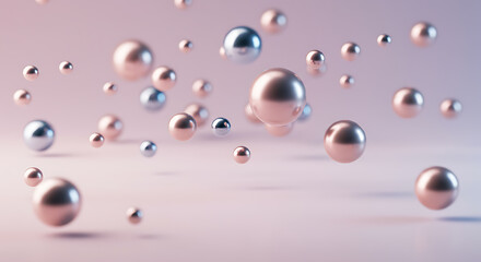 Elegant abstract render of gleaming rose gold and silver metallic spheres floating against a serene pastel gradient, embodying modern luxury and peaceful harmony