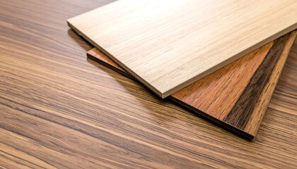 Two wood laminate samples on a wooden surface