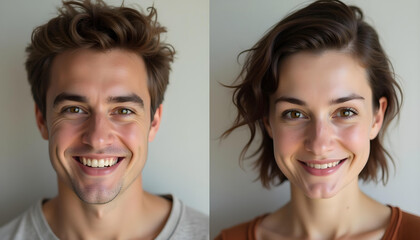 Young man and woman, Portrait of a happy young woman, A person smiling, then the same person with a different hairstyle, maintaining facial consistency, AI Influencers