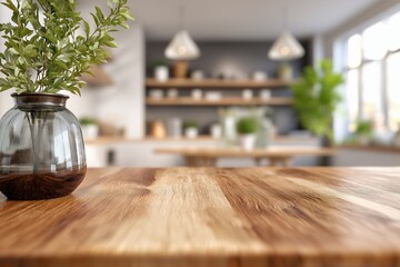 Wooden Tabletop with Blurred Modern Kitchen Interior Background
