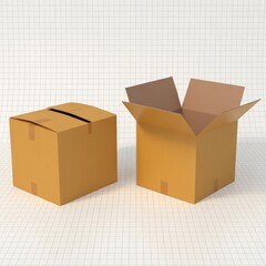 Two cardboard boxes on a grid background one open one closed