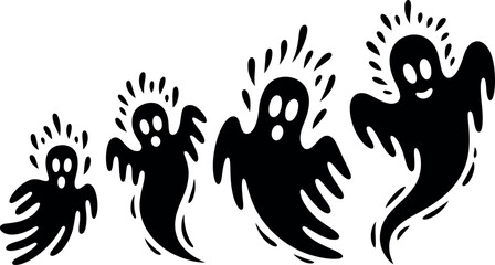 Whimsical Halloween Ghosts Black Silhouettes on White Background for Spooky Season