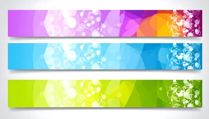 Three colorful banner designs featuring vibrant geometric shapes and translucent bubbles, ideal for website headers or social media posts.