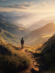 Majestic Sunset in the Mountains With a Hiker Exploring the Serene Landscape.