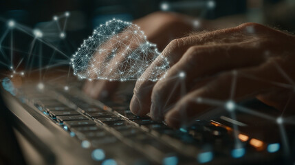 Hands type on keyboard with digital cloud overlay concept