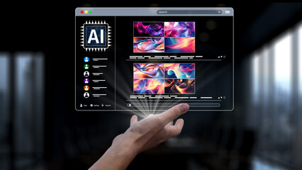 Fototapeta premium A hand interacts with a futuristic AI design gallery displaying vibrant abstract art in a sleek digital workspace, highlighting innovation and creativity. Synapse