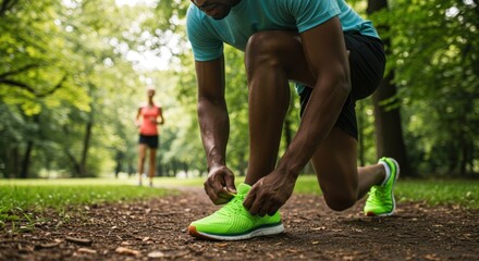 Man tying shoelace on a path another person runs in a park.