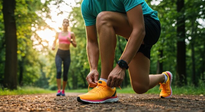 Man tying shoelaces on a path with woman running in background.