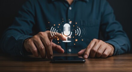 Person using a smartphone with a microphone icon and sound waves overlay.