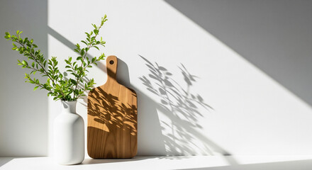 Minimalist Wooden Cutting Board and White Ceramic Vase with Green Leaves on White Background