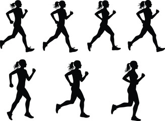 Black silhouette illustration of female runner in motion, athletic jogging sequence, fitness training, running cycle, sports exercise, health lifestyle vector design