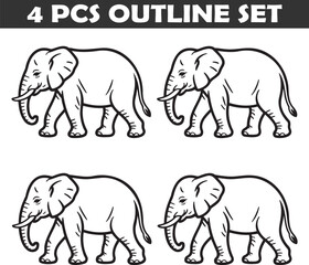Fototapeta premium Set of Walking Elephant Outline vector illustration isolated On Transparent Background
