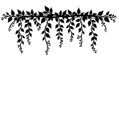Black silhouette of hanging wisteria branches with leaves
