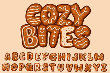 Gingerbread Alphabet Vector Illustration. Detailed Cookie Letters with Icing Decoration. Sweet Holiday Typography Set for Christmas, Winter, Bakery Design, Poster, Greeting Card and Festive Decoration