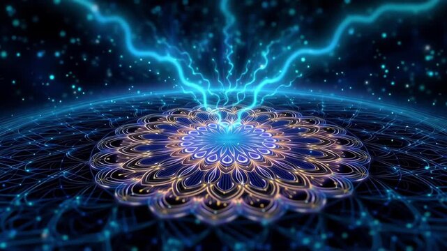 Mandala in virtual reality futuristic electric mandala glowing with energy in cosmic surreal background fantasy tech art style cosmic energy healing art chakra energy mandala