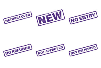 Set of Rectangular Purple Grunge Rubber Stamps with Various Texts on White