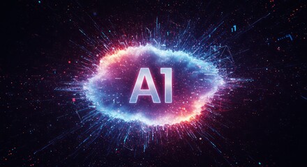 Ai text in cloud shape with blue and red glowing light effects.