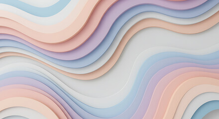 Abstract 3D background featuring smooth, flowing waves and layered shapes in soft pastel colors, creating a serene and modern visual texture for contemporary design projects