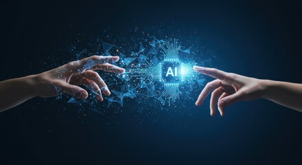 Two hands reaching towards an ai symbol with digital connection on a blue background.