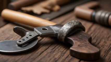 Vintage woodworking tools on wooden workbench in old carpenter's workshop