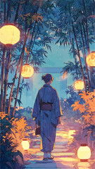 Woman wearing kimono walking through Japanese garden illuminated by paper lanterns at night