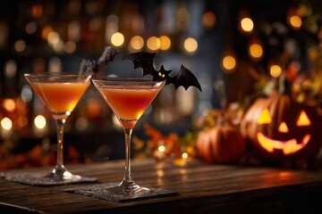Halloween cocktail party scene with two martini glasses decorated as bats and a carved jack-o&rsquo;-lantern on a wooden table, blurred spooky lights and pumpkin decorations in the background