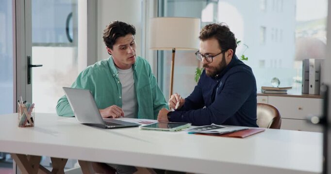 Business, laptop and men with conversation, help and cooperation with creative agency. People, teamwork or employees in office, pc or mentor with coaching, feedback or discussion with proposal review