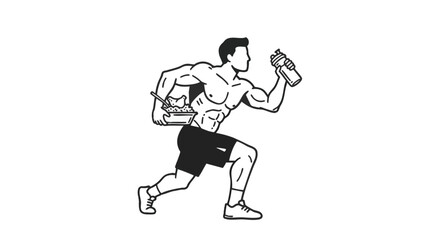 Muscular Man Running with Food and Drink Healthy Lifestyle Illustration