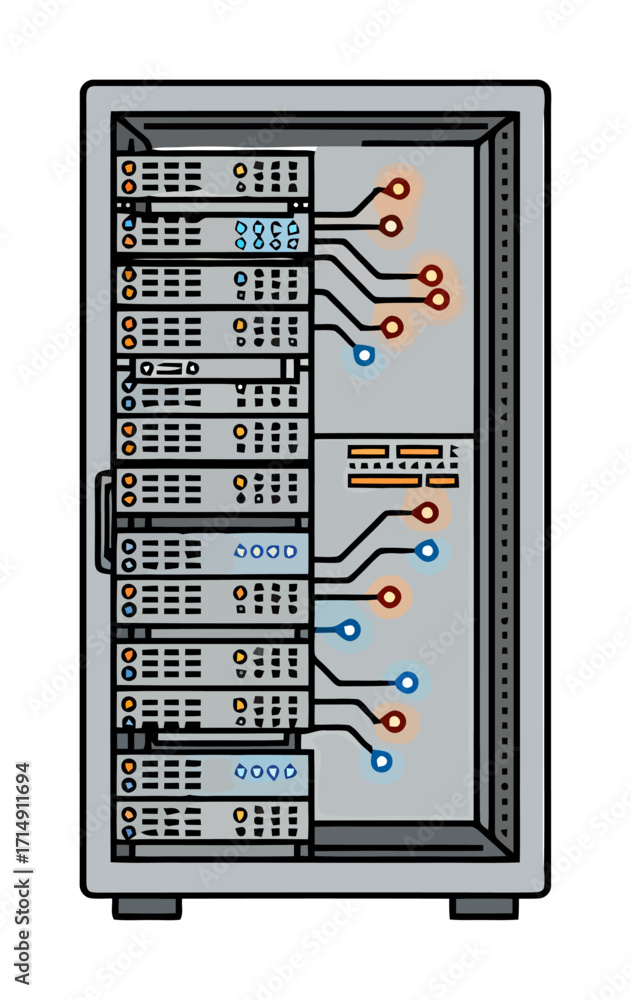 Aufkleber server rack with glowing circuit overlays - vector design