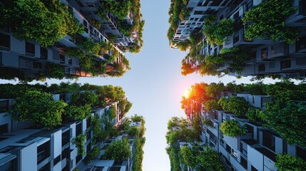 Green Metropolis Oasis: An eye-level view reveals a cluster of buildings teeming with lush greenery, blending urban design with ecological harmony, the sun providing a serene perspective.
