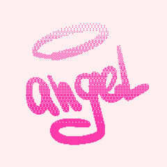 Angel lettering with a halo in a Y2K pink pixel style. Perfect for trendy apparel, stickers, street art posters, and social media graphics.