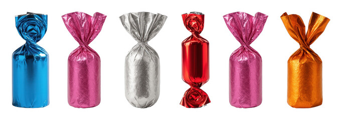 Foil-wrapped candy set including blue, pink, silver, red, and orange colors with twisted wraps isolated. Assorted sweets and festive treats.