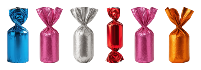 Foil-wrapped candy set including blue, pink, silver, red, and orange colors with twisted wraps isolated. Assorted sweets and festive treats.