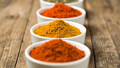 Small white bowls of colorful spices on a wooden table