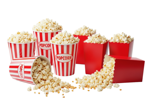 Freshly popped fluffy white popcorn in classic red and white striped buckets with 'POPCORN' text and red boxes, some spilling onto a transparent studio background with soft shadows, appetizing