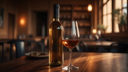 Elegant white wine bottle and glass on a wooden table in a restaurant.
